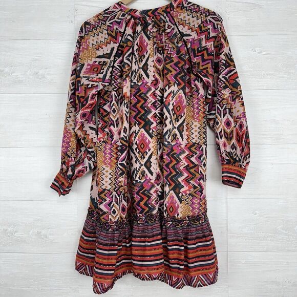 Zara Long Sleeve Mini Dress L Red Pink Geometric Tribal Print Button Front Boho - Picture 8 of 16
